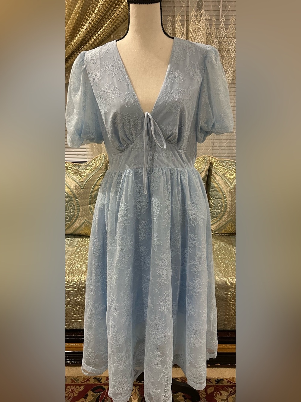 Eywol Light Blue Lace Midi Dress with Tie Front
